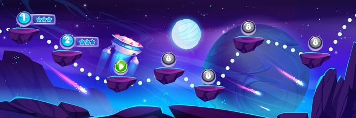 Poster - space game level map with ufo saucer fly over the rock platforms on alien planet landscape. cartoon 