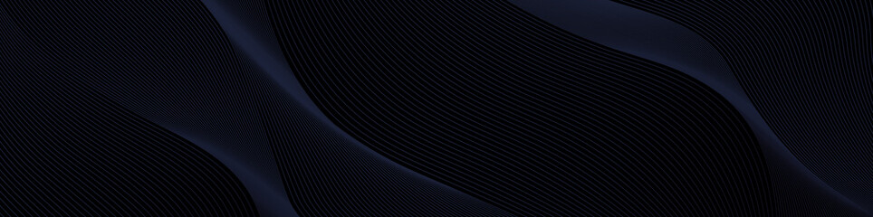 Poster - Dark blue wavy line pattern on black background. Modern abstract guilloche curves in monochrome smoke colors. Premium stripe texture for banner, business template . Horizontal vector design.