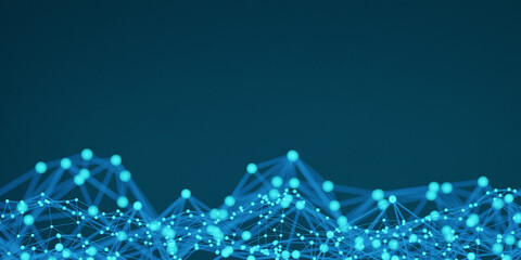 Blue abstract technology background with particles and plexus connected lines. Depth of field settings. 3D rendering.