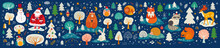 Big Christmas Collection With Santa Claus, Snowman, Forest Animals And Christmas Trees	