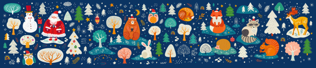 Wall Mural - big christmas collection with santa claus, snowman, forest animals and christmas trees