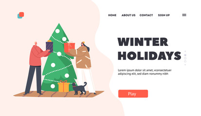 Wall Mural - Winter Holidays Landing Page Template. Young Happy Couple Characters Romantic Xmas Celebration With Gifts