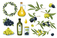 Olives And Oil Design Elements Set. Collection Of Fruits Of Different Colors Of Olives, Oil In Bottle Or Jug, Wreath And Leaves And Twigs. Illustration Isolated Objects In Flat Cartoon Style