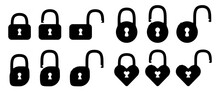 Padlock Set Isolated On White Background. Open, Closed Lock Icon Set To Use In Design Projects For IT, Cyberspace, Internet Security, Privacy, Webdesign. Rectangle, Round, Heart Shape Lock Set