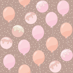 vector seamless pattern with flying balloons and cookies. pattern with balloons and sweets on a background with polka dots