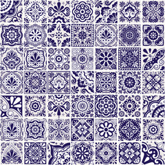 Naklejka na meble Mexican talavera tiles vector seamless pattern- big 49 different navy blue design set, perfect for wallpaper, textile or fabric print

