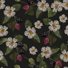 Blackberries With Flowers, Seamless Pattern On A Dark Background. Print For Textiles, Packaging, Decorations, Paper And Wallpaper.