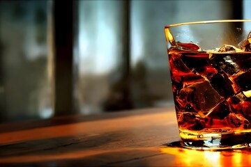 Sticker - Selective focus of a whiskey alcohol drink in a glass cup with ice inside