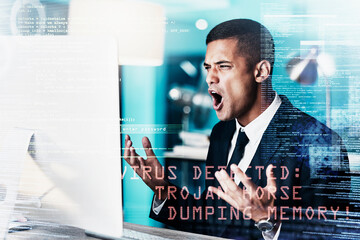 Leinwandbilder - Businessman, angry and computer with virus, glitch or 404 error while working in a office with overlay or double exposure. Corporate employee upset with mistake, pc problem or stress with technology
