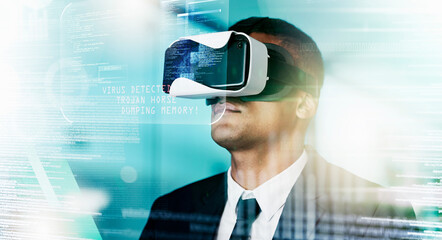 Fototapete - Futuristic businessman, vr and data hologram, innovation and technology in virtual cyber security office. Augmented reality, digital transformation and future vision, man in virtual reality headset.