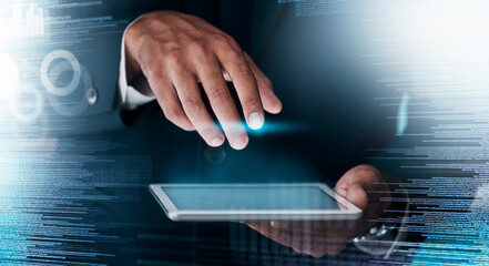 Leinwandbilder - Digital overlay, tablet and business hands with information technology innovation, big data and cybersecurity software system. Ai futuristic, coding or software development corporate hand typing code