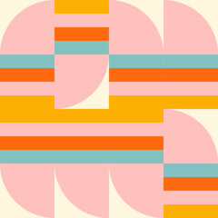 Poster - Simple geometric seamless pattern. Modern abstract background with circle, semi circle, square, rectangle stripe shapes in pastel colors.