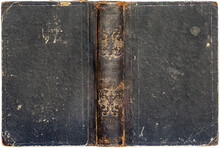 Old Open Book Cover With Worn Textured Grungy Paper Boards, Cracked Embossed Brown Leather Spine And Floral Golden Decorations, Circa 1853