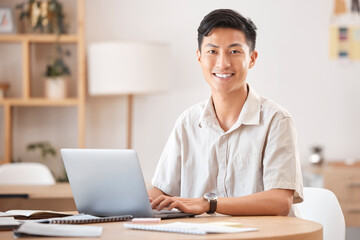 Aufkleber - Freelance, laptop and finance with an asian man in business accounting while doing remote work from home. Internet, accountant and research with a male entrepreneur working on financial documents