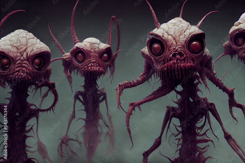 Group of scary monster alien ants. Nightmare alien monster looking at the camera, with big eyes and a sinister look