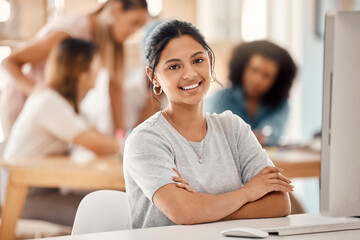 Poster - Computer, learning and education with a woman student sitting at a desk in the classroom for study or development. Portrait, university and scholarship with a young female college pupil in class