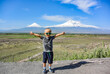 Little boy on the background of a beautiful view of mount Ararat in the afternoon. May 6, 2019. Armenia.
