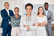 © Clayton D/peopleimages.com - Black woman leadership, portrait and happy teamwork, management and collaboration, company vision and trust in office. Female ceo, diversity business people and corporate employees support in startup
