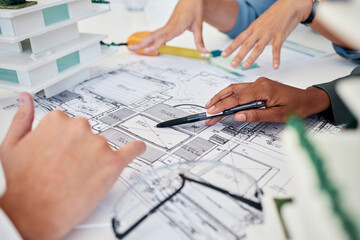 Poster - architect, hands and blueprint for building collaboration, planning new project and discussion. engi