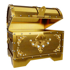 Wall Mural - Treasure chest made of gold. Antique chest made of wood and metal, painted gold. Antique padlock locks the treasure chest. on a white background with clipping path. 3D rendering