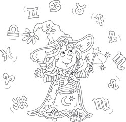 Happy little witch astrologer and fortune-teller waving her magic wand and reciting magic spells, Zodiac signs of constellations flying around, black and white vector cartoon illustration