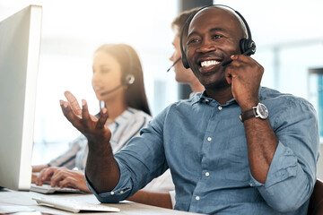 Wall Mural - Call center, black man and talking for customer service, smile and headset in office. Telemarketing, happy male consultant or client support for sales growth, consulting and conversation for business