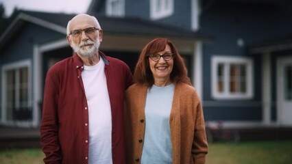 Wall Mural - Joyful Senior Couple are Laughing and Having Fun Outdoors Their Country House, Lovingly Embracing Each Other. Adults Look at the Camera and Smile, Enjoy Their Active Retirement Life.