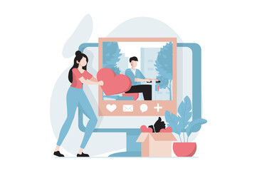 Aufkleber - Social network concept with people scene in flat design. Woman likes and writing comment to posting photo of friend or blogger in news feed. Vector illustration with character situation for web