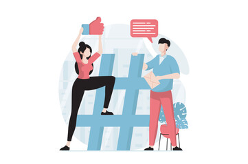 Aufkleber - Social network concept with people scene in flat design. Woman and man use functions of social networks, put likes, put hashtags on posts, chat. Vector illustration with character situation for web