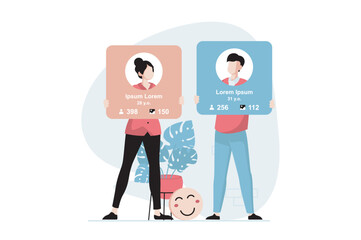 Poster - Social network concept with people scene in flat design. Man and woman maintain their online profiles in social networks, publish photos and posts. Vector illustration with character situation for web