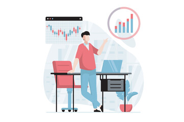 Leinwandbilder - Stock market concept with people scene in flat design. Man is engaged in trading, analyzes bar graphs, charts and market trends, invests money. Vector illustration with character situation for web