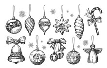 Retro Christmas Decorations And Balls Collection. Vintage Holiday Elements Set. Hand Drawn Sketch Vector Illustration