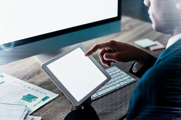 Aufkleber - Tablet, computer and mock up businessman hands for digital market research, fintech system analytics or multimedia software development. Corporate, information technology and business man with screen