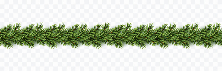 Christmas tree garland seamless banner. Border with green fir branches isolated on transparent background. Vector pine, xmas evergreen plants element template