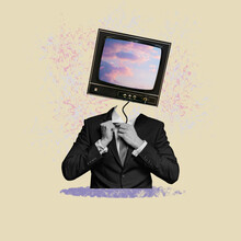 Business Man With A Retro TV Instead Of A Head On A Beige Background, Surreal, Modern Art, Collage