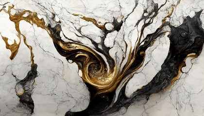 Aufkleber - Luxurious golden black marble texture. Marble ink from exquisite original painting for abstract background. Detailed marble slab. White black granite ceramic 3d illustration