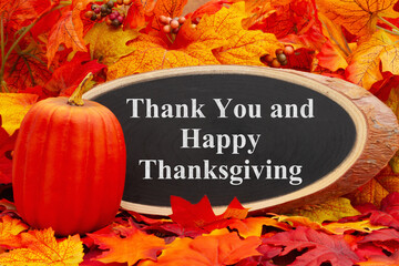 Sticker - Thank You and Happy Thanksgiving greeting card with fall leaves