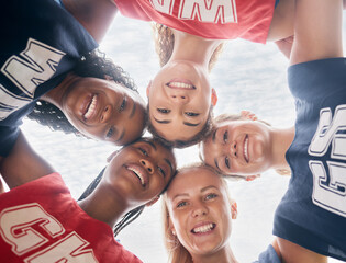 Canvas Print - Netball, sports and women in circle for trust, teamwork and strategy game planning with support, teamwork and motivation. Diversity, athlete girl group huddle together talking of competition mission