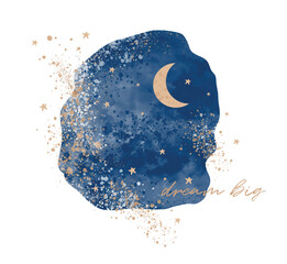 Delicate Abstract Watercolor Style Night Sky Vector Illustration. Dark and Light Blue Paint Stains and Gold Stars and Moon in a Irregular Blue Frame on a White Background. Big Dream.