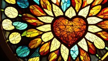 View Of A Stained Glass Representing A Flaming Orange Heart With Colorful Particles