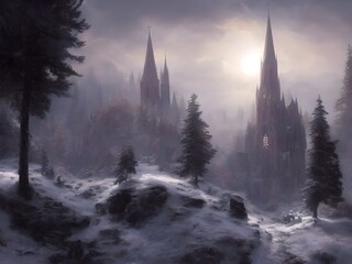 Wall Mural - Massive gothic cathedral in a snowy valley surrounded by trees in winter