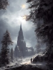 Wall Mural - Massive gothic cathedral in a snowy valley surrounded by trees in winter