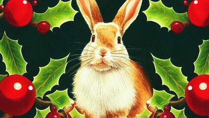 Illustration of a fluffy rabbit (Cuniculus) with Christmas decorations on dark green background