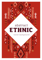 Leinwandbilder - Ethnic card design with African tribal ornament, pattern. Modern abstract background, postcard template with ancient tribe geometric elements, shapes, navajo symbols. Flat vector illustration