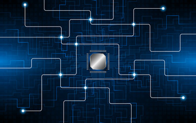 Leinwandbilder - Microchip processor circuit board technology on dark blue background. Information Processing Concept. Circuit board hi-tech technology background. vector illustration

