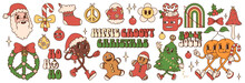 Big Sticker Pack Of Retro Cartoon Characters And Elements. Merry Christmas And Happy New Year In Trendy Groovy Hippie Style. 