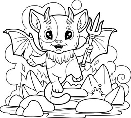 Sticker - cute cartoon cat demon, coloring page, outline illustration
