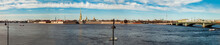 Panorama Of Peter And Paul Fortress And Neva River At Day. Unique Urban Landscape Of Center Of Saint Petersburg. Central Historical Top Tourist Places In Russia. Capital Russian Empire. Copy Space