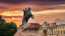 Bronze Horseman Monument On Neva River Embankment At Sunset Background. Unique Urban Landscape Of St Petersburg. Central Historical Top Tourist Places In Russian, Capital Russian Empire. Copy Space