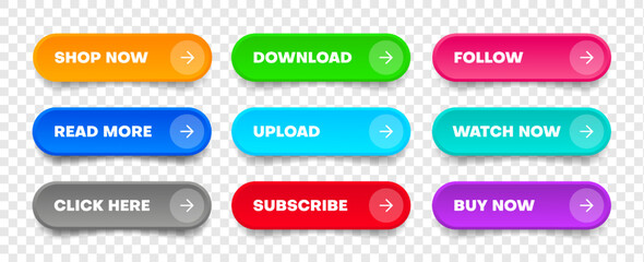 Aufkleber - 3d click here web buttons. Set of action button, hand cursor and arrow pointing click link buttons. Add to cart, shop now, upload, downloa buttons. Online shopping icons for UI UX website, mobile app